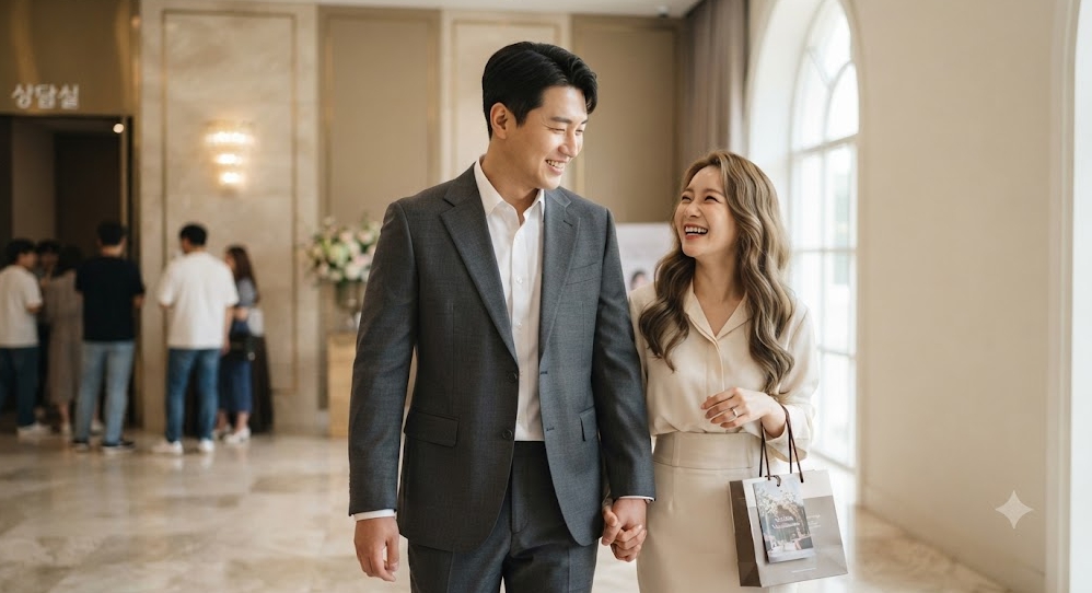 결혼식 상담을 성공적으로 마치고 웨딩홀 로비를 걸어나오며 서로를 바라보며 밝게 미소 짓는 예비부부의 자연스러운 모습